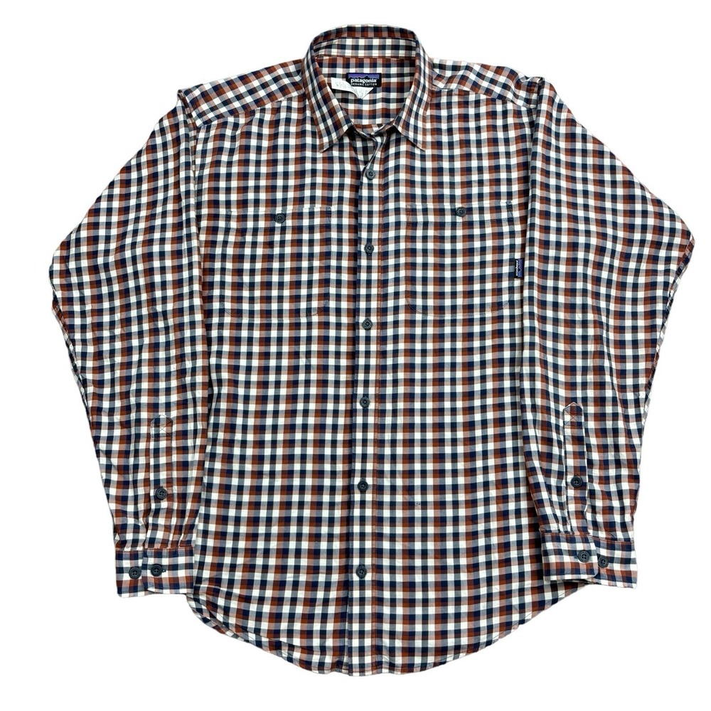 Patagonia Button Up Shirt Men's Medium Brown Plaid Check Long Sleeve Cotton
